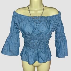 Blue Washed Denim Ruffle elastic waist off the shoulder half sleeve peasant top